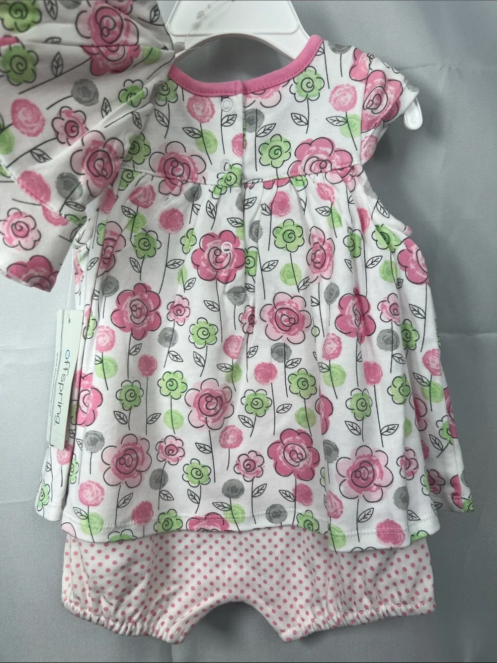 Offspring Pink & Green Floral Baby Dress with Hat NWT
